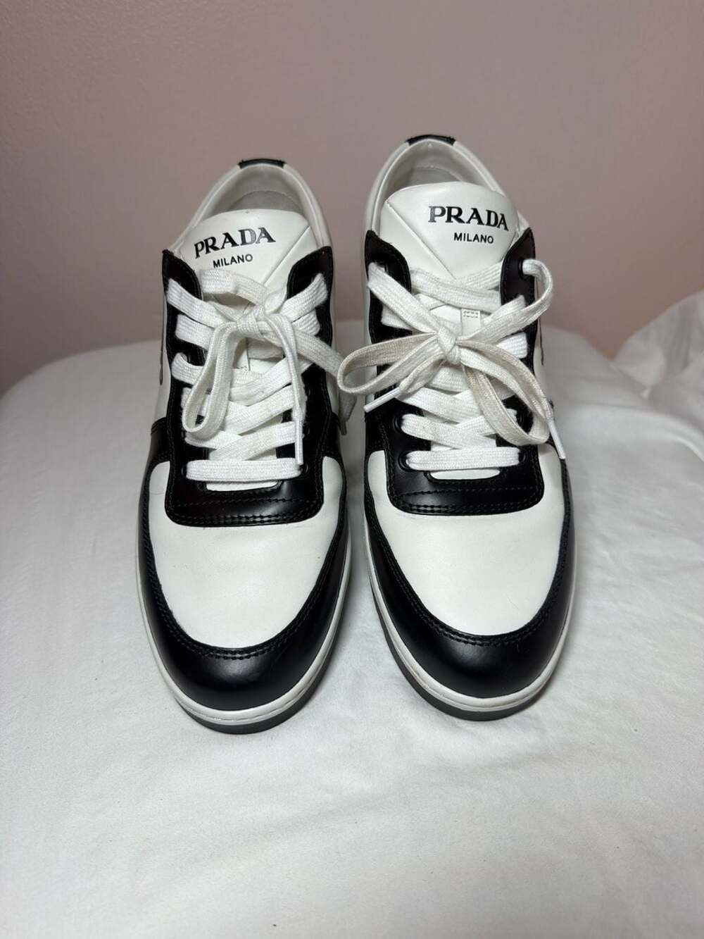 Prada Downtown Leather Sneakers Black White Size 41
